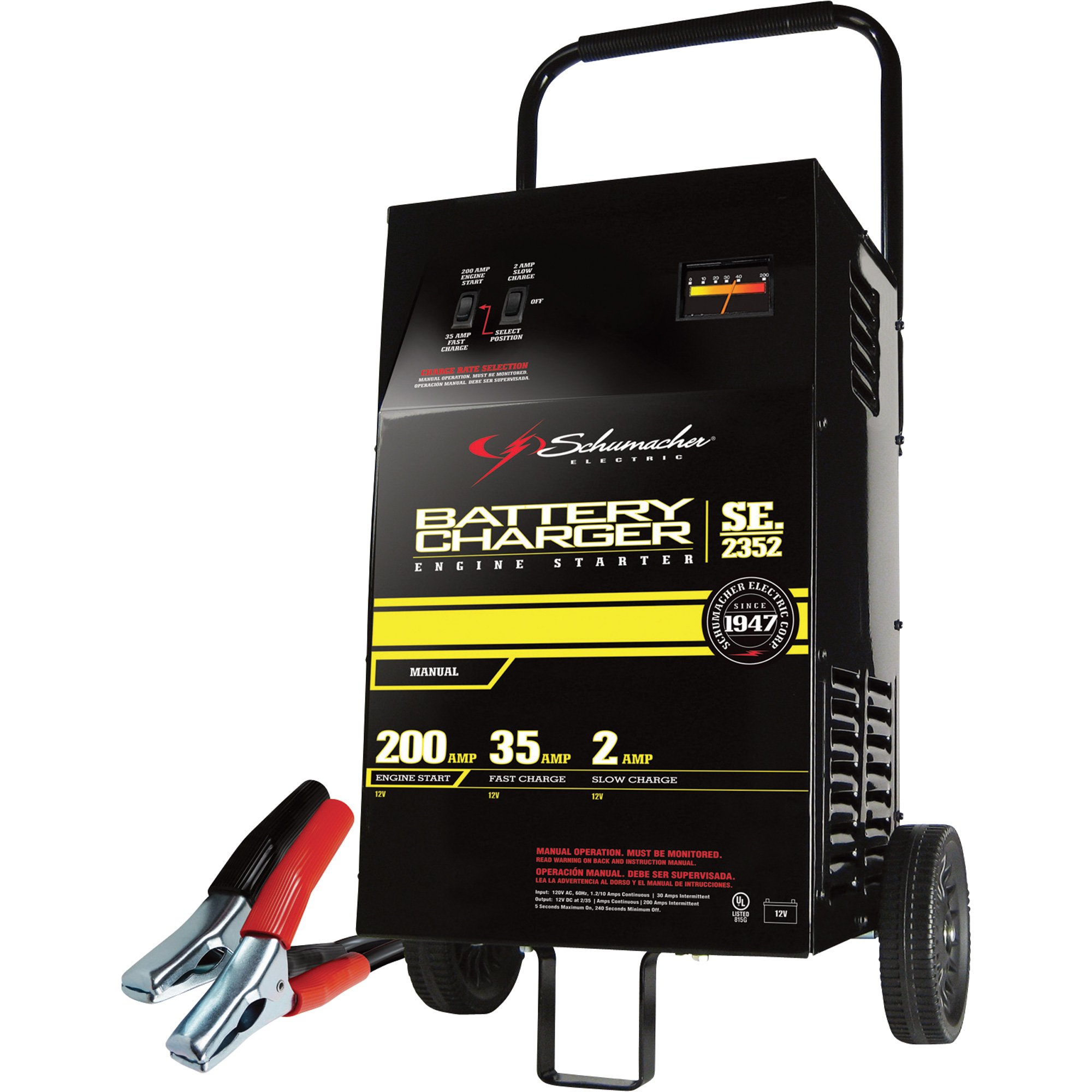 Please See Replacement Item# 62074. Schumacher Wheeled Battery Charger with Engine Start — 12 Volt, 2/35/200 Amp, Manual, Model# SE 2352